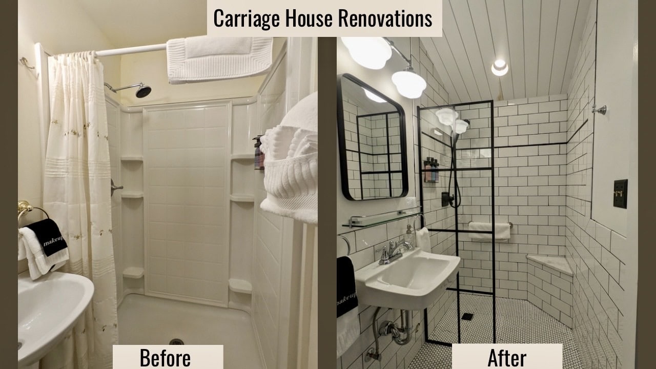 side by side photo of a bathroom renovation in the period of 1899