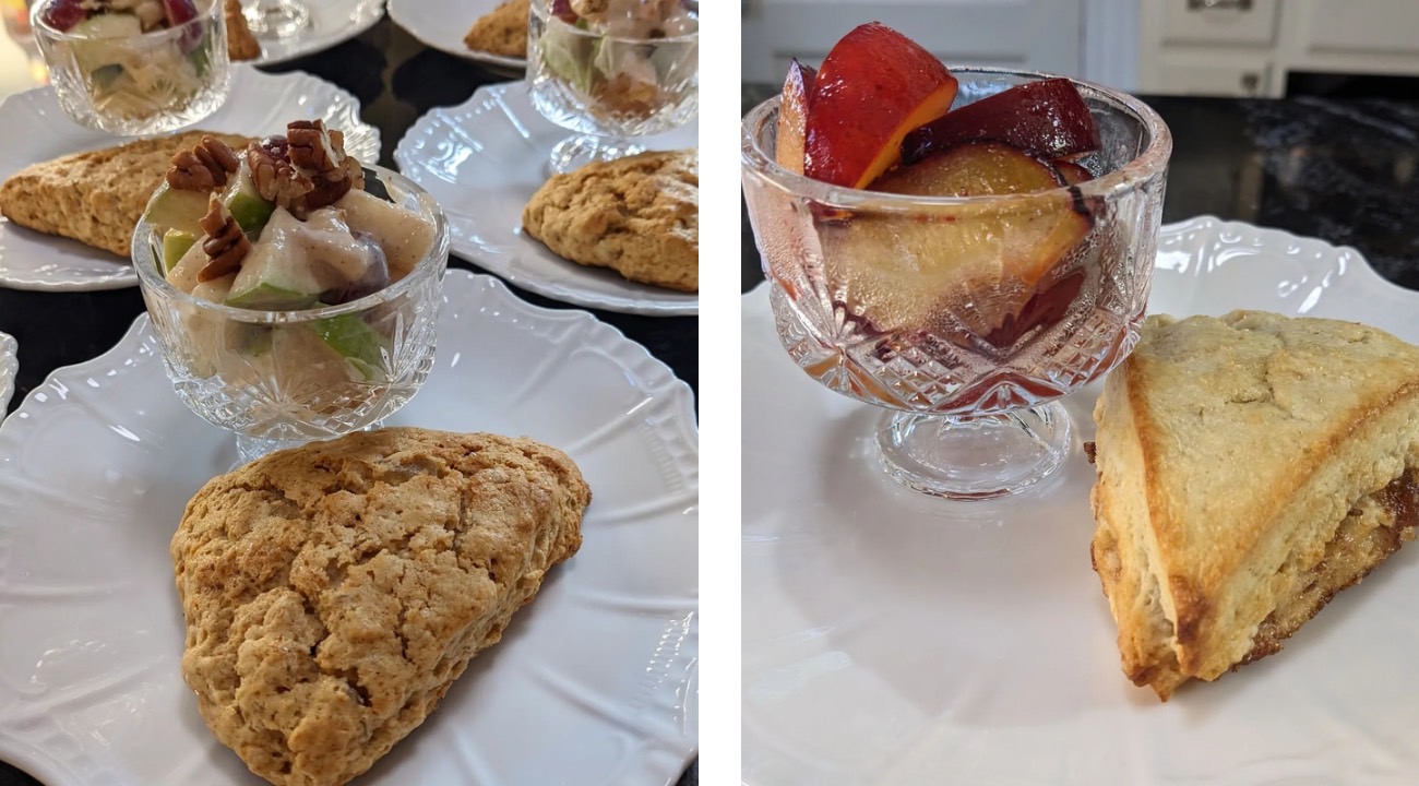 side by side photos of a white breakfast plate with a scone and cup of fruit