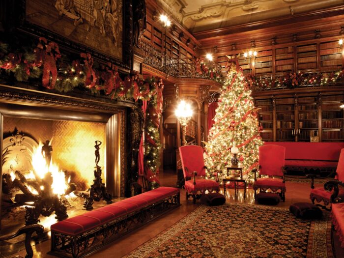 Large fireplace with decorated Christmas tree in the evening in a library